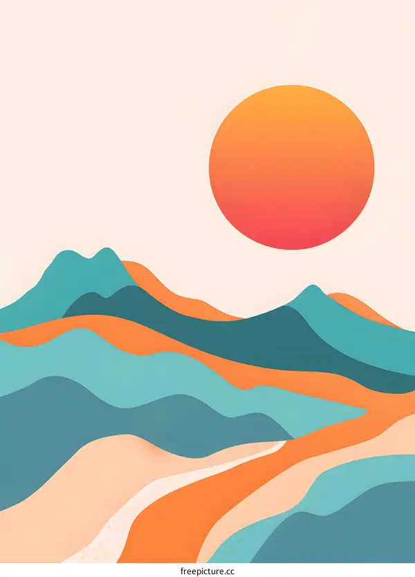 Abstract Minimalist Mountain Landscape with Orange Sun