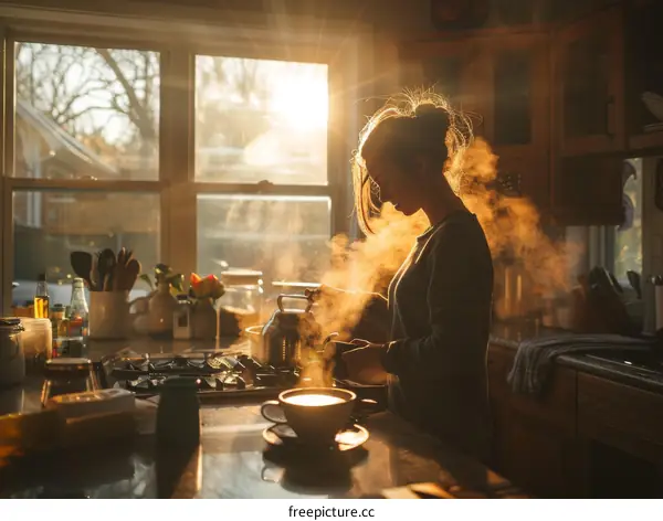 Woman Making Tea in Sunny Kitchen