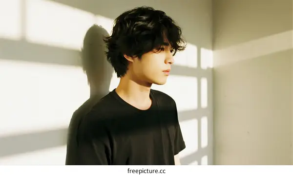 Young man with wavy black hair standing in sunlit room