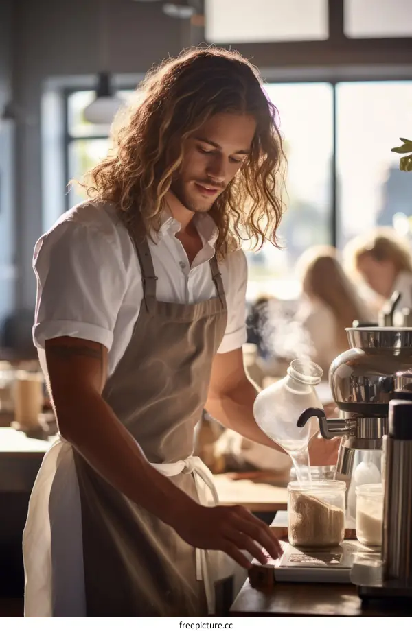 Male barista making coffee in cafe