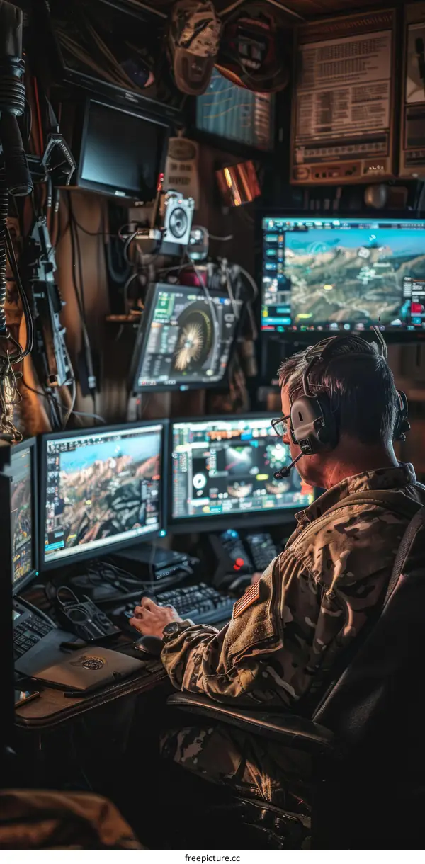 Soldier using a computer in a military control room