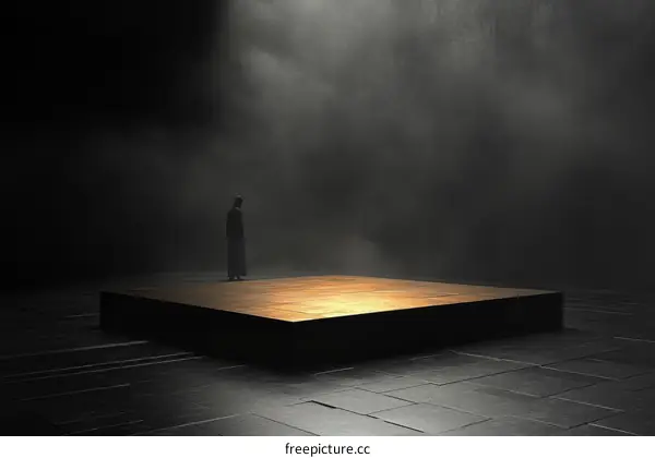Mysterious Figure on Elevated Platform in Dim Light