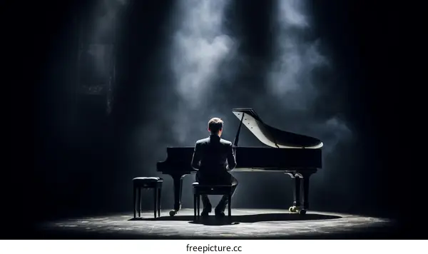 Man playing piano on stage with spotlight