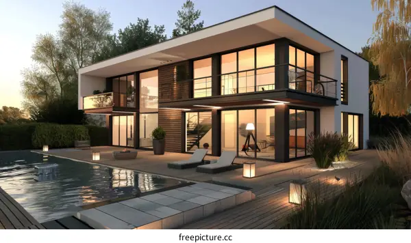 Modern Luxury House by the Poolside at Dusk