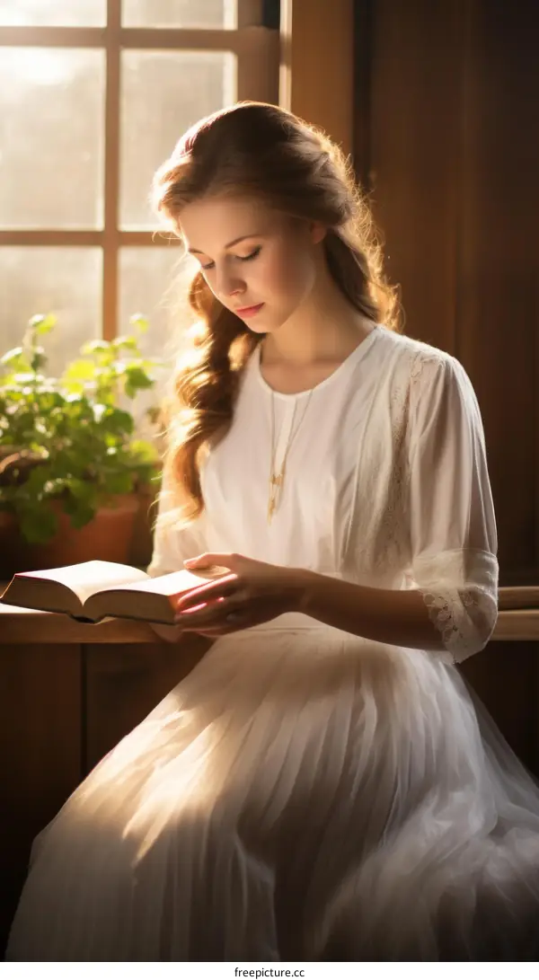 Young woman in white dress reading a book by the window