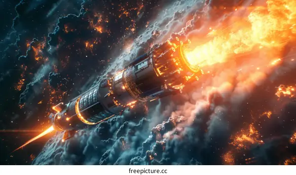Spaceship in Hyperspace with Glowing Engine and Fire