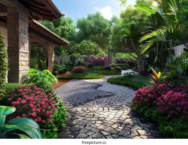 Tropical Garden Courtyard with Stone Path