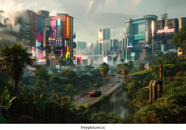 futuristic city street with neon lights and flying cars