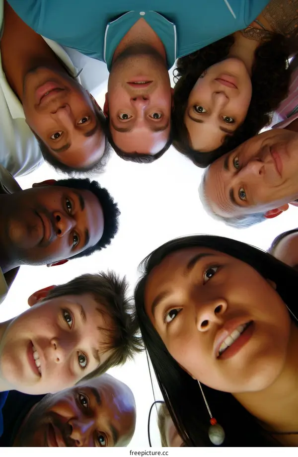 A group of people looking down at the camera