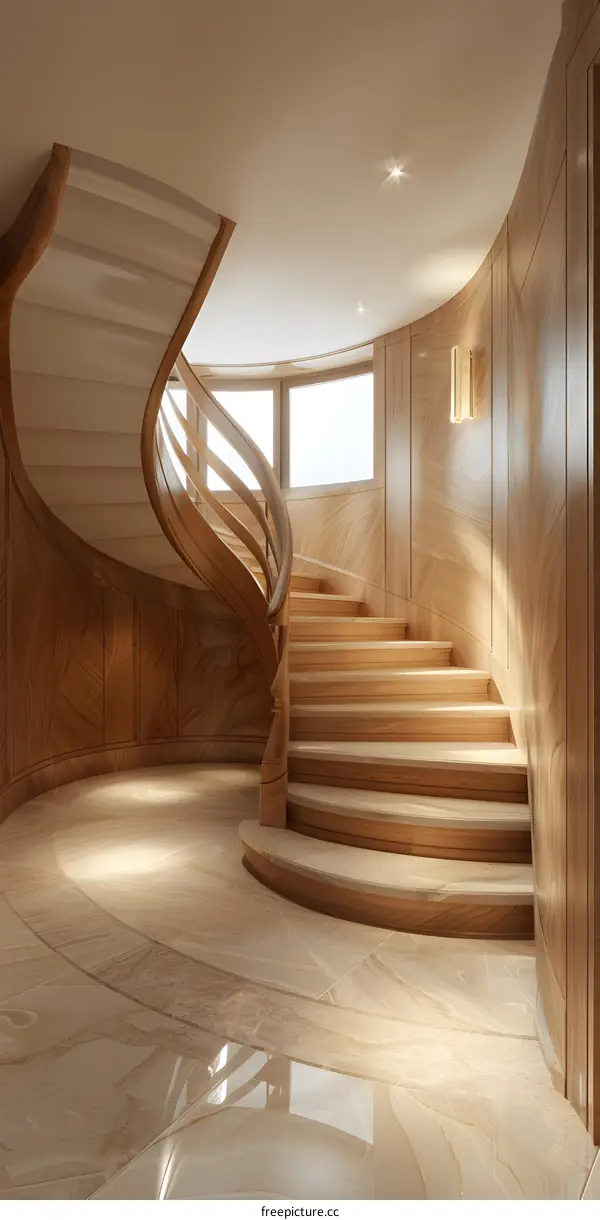 Wooden spiral staircase with curved handrail and marble floor