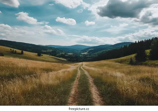 Country Road Leading Through Grassy Field to the Mountains