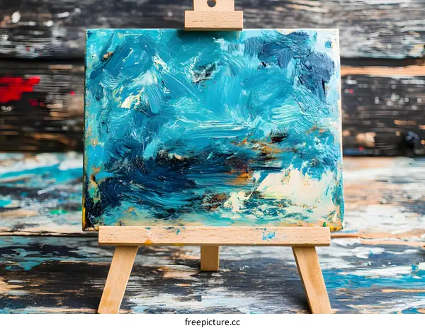 Abstract Blue Oil Painting on Canvas Easel