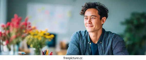 Smiling Asian Man in Office Setting