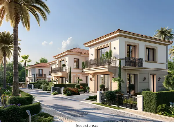 Modern residential buildings with palm trees