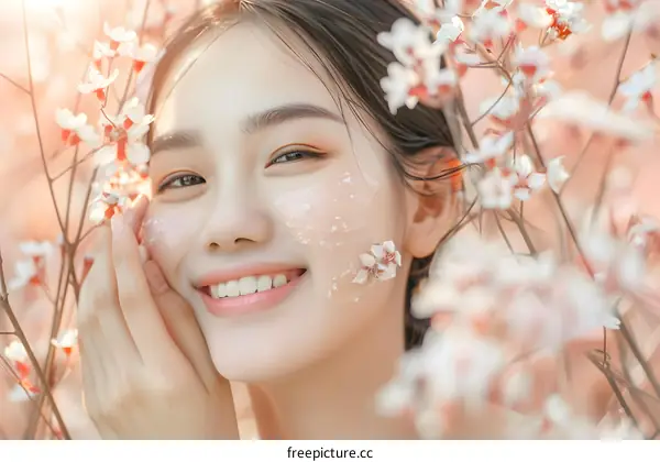 Smiling Asian Woman in Springtime with Flowers on Her Face