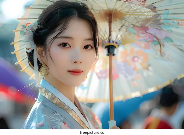 Portrait of a beautiful young woman in traditional Korean dress, holding a parasol.