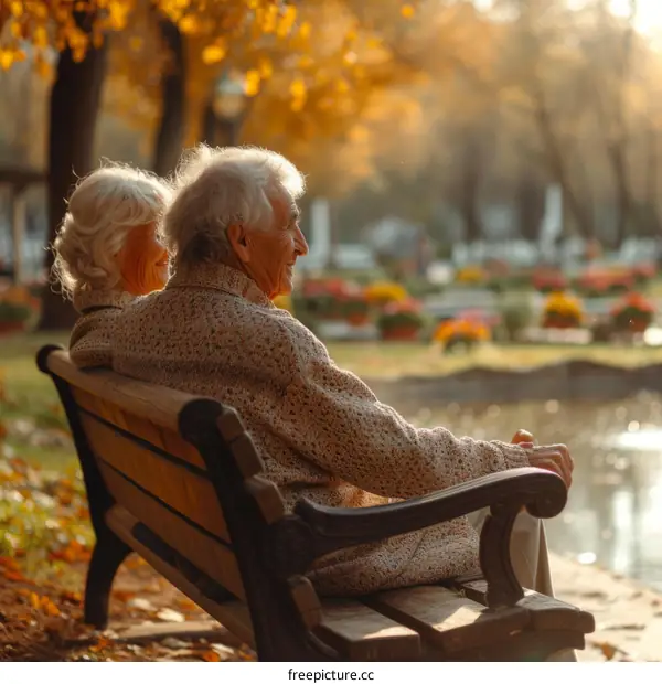 Elderly couple sitting on a bench in a park enjoying the autumn scenery