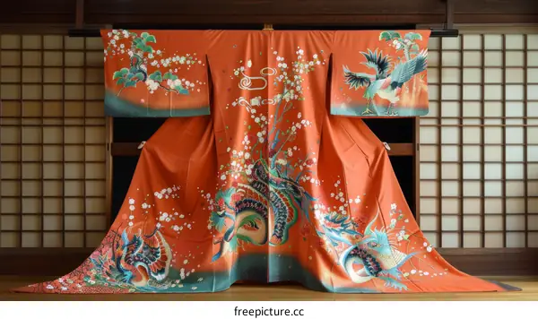 Traditional Japanese Kimono with Floral and Bird Embroidery