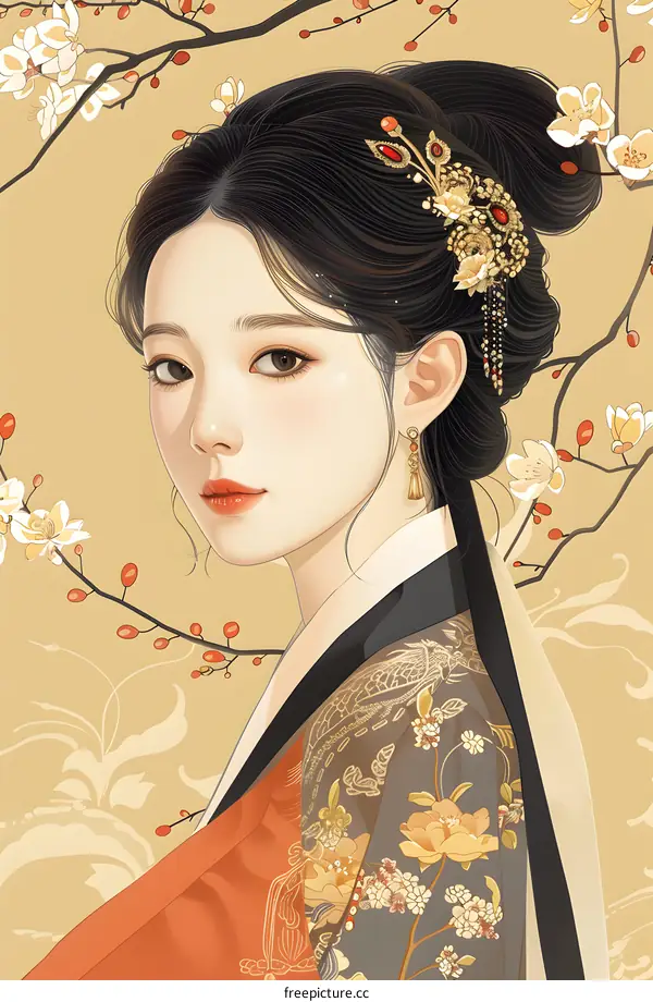 A beautiful illustration of a young woman in a traditional Korean hanbok