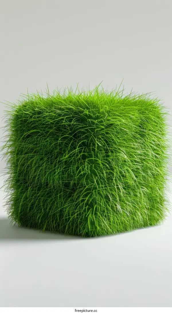 Fluffy green grass cube on a white background