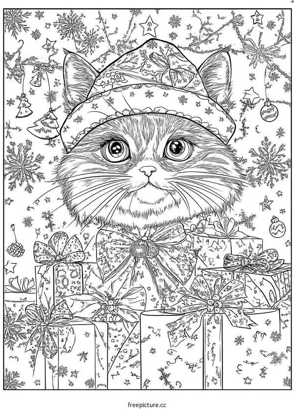 Christmas Cat Coloring Page