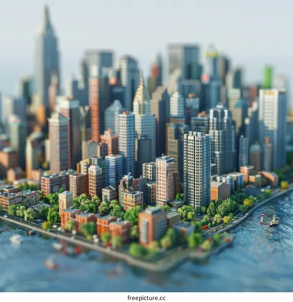 Small Model Cityscape with Skyscrapers and a River