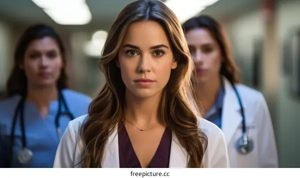 Three confident female doctors standing in a hospital hallway