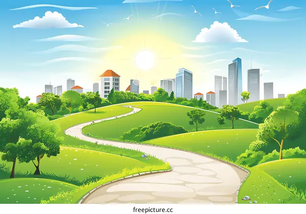 Cityscape Illustration With Winding Path and Green Grass