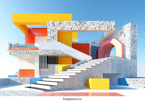 Colorful Abstract Architectural Structure with Stairs and Geometric Shapes