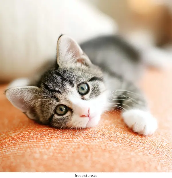 Adorable Kitten Relaxing on Orange Sofa