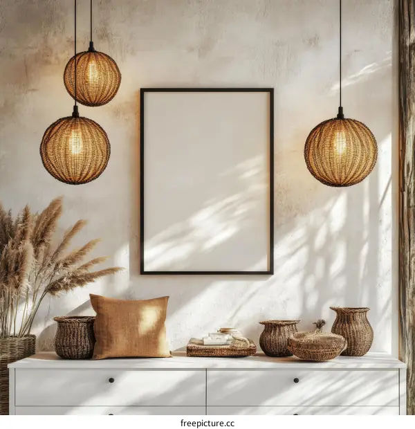 Bohemian Style Interior Mockup with Empty Frame