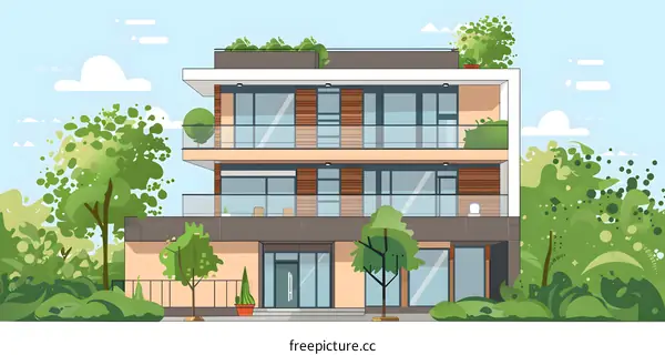Modern House Exterior With Green Garden Illustration
