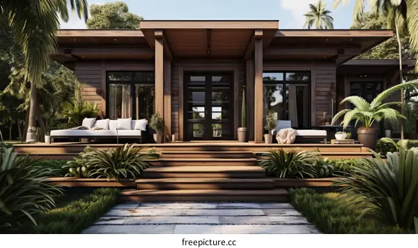 Modern Tropical House with Wooden Deck and Lush Greenery