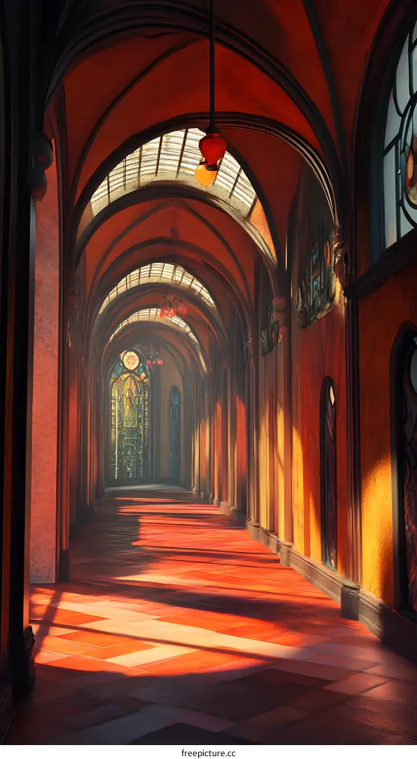 Long Corridor With Arched Ceiling And Stained Glass Windows