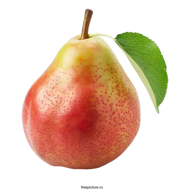 [Transparent Background PNG]A red pear with a green leaf on a white background