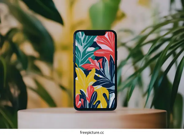 Phone Screen with Tropical Leaf Pattern