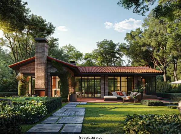 An illustration of a modern house with a brick exterior and a large glass window