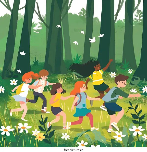 Children Playing In Forest With Flowers