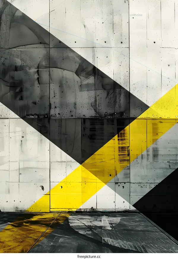 Abstract Geometric Design with Yellow and Black Lines on Grey Concrete Wall