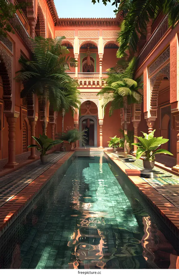 Courtyard with pool and palm trees