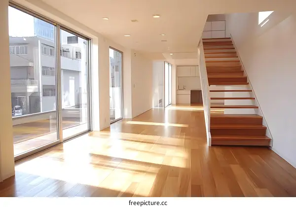 Modern House Interior Design with Wooden Staircase and Large Windows