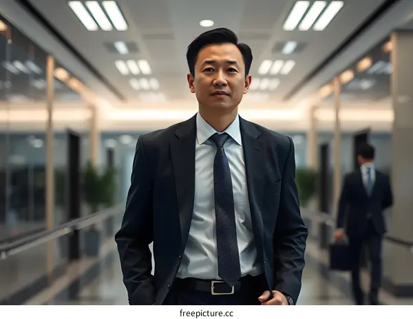 Confident Businessman Walking in Office Corridor
