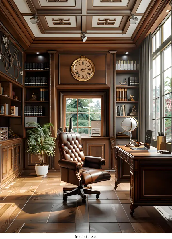 Luxurious retro styled home office with a large desk and leather chair