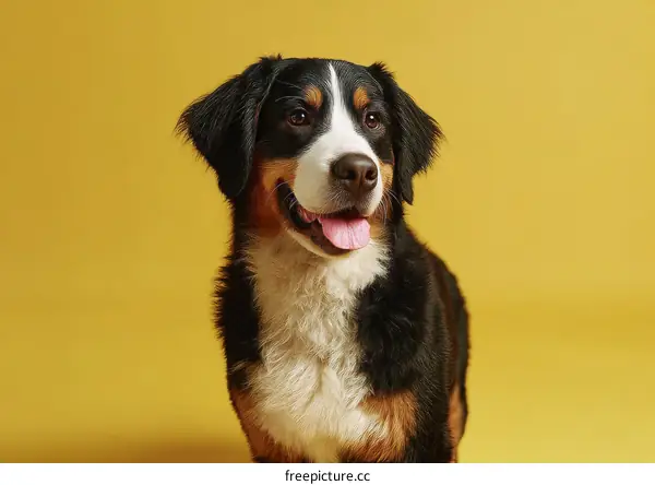 Cute Bernese Mountain Dog Portrait Against Yellow Background