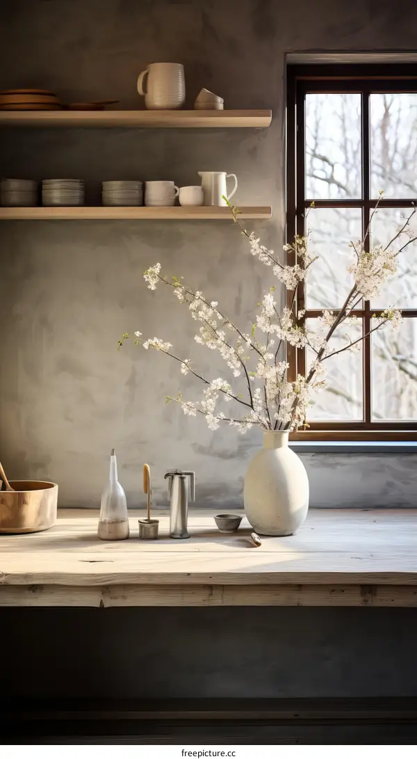 Vase of Flowers on Wooden Table by Window