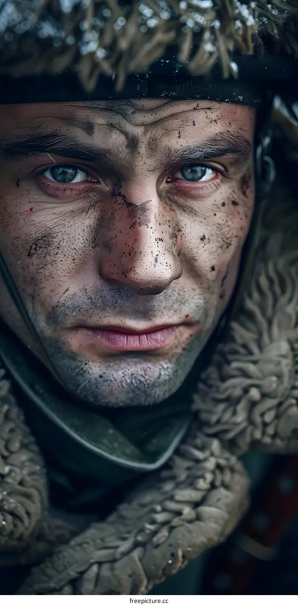 Portrait of a soldier with a fur hat and a scarf on his face