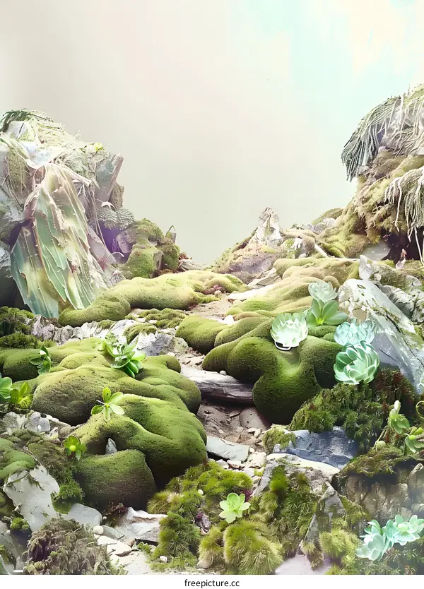 Green Moss and Rocks In A Fantasy Forest Landscape