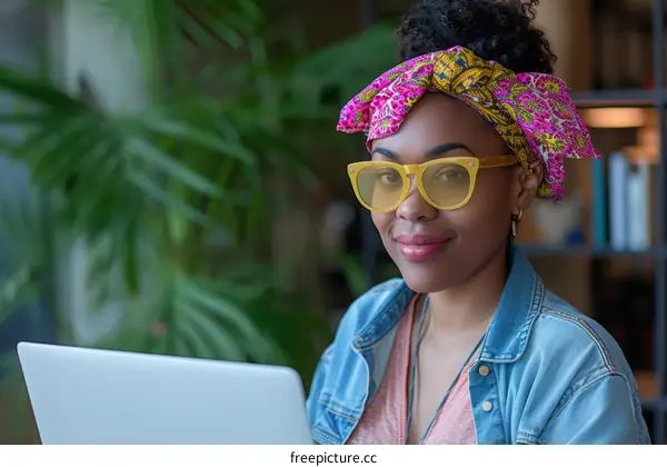 Smiling black woman wearing yellow sunglasses and pink headscarf using laptop