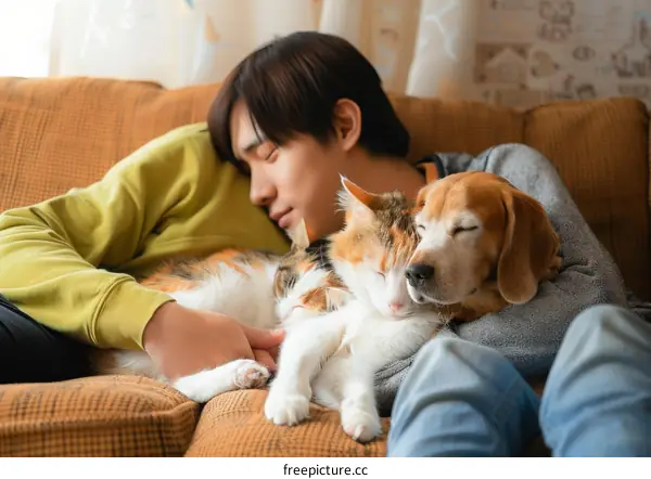 A man is sleeping on the couch with a cat and a dog