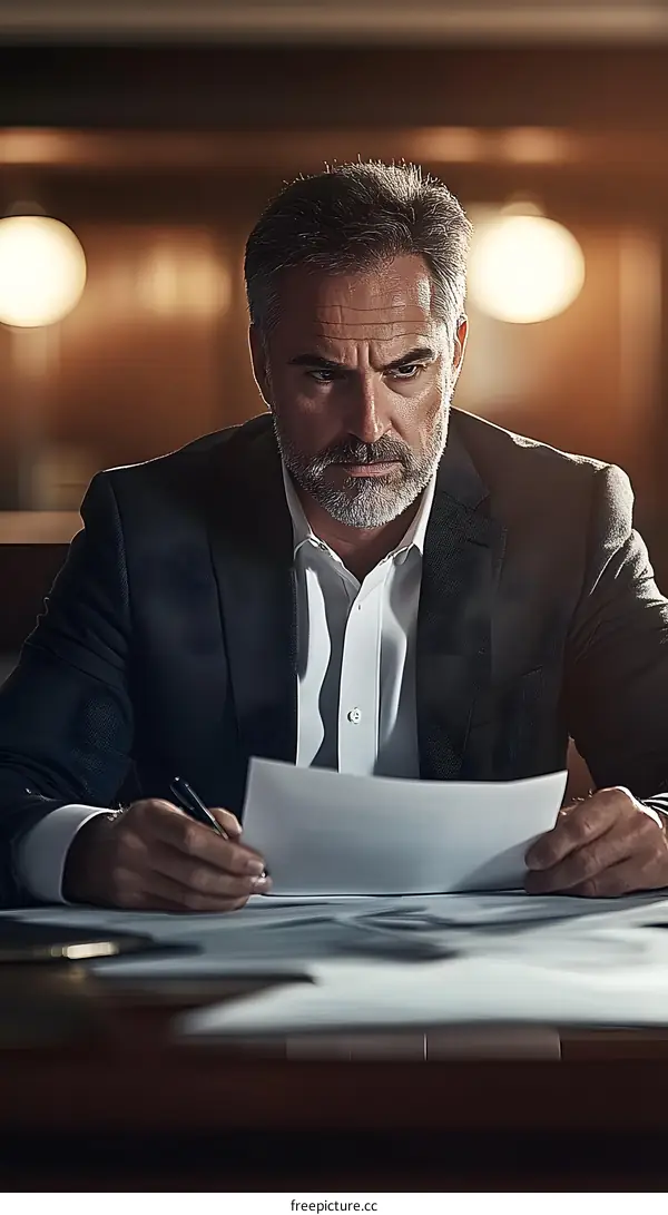 Serious Businessman Reviewing Documents at His Desk in Office